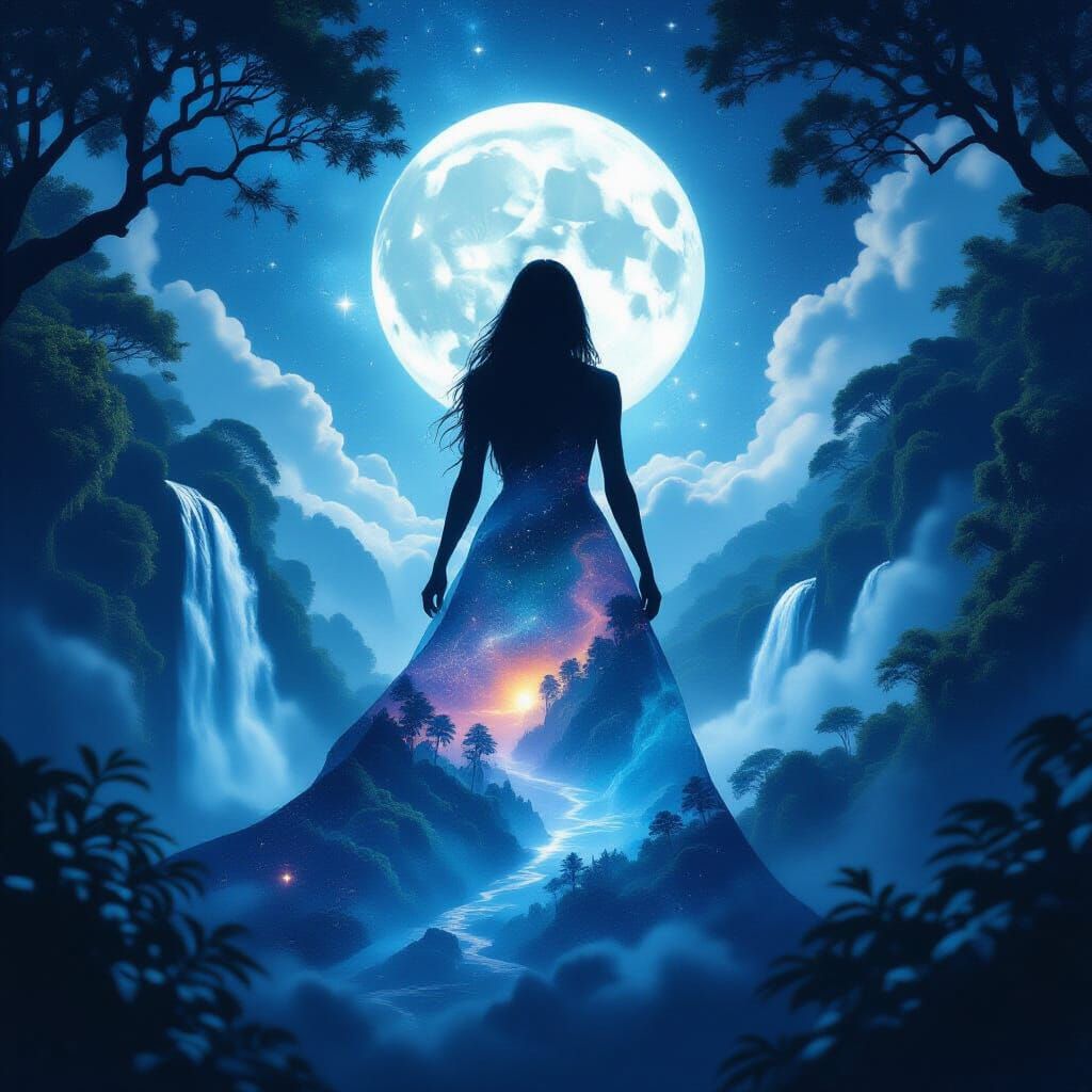 Silhouette Dissolves Into Constellations and Waterfalls