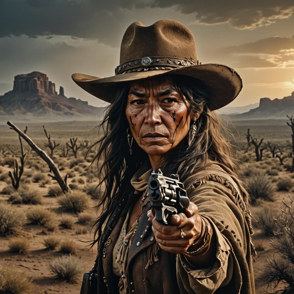 Fierce Native American Outlaw in Western Scene