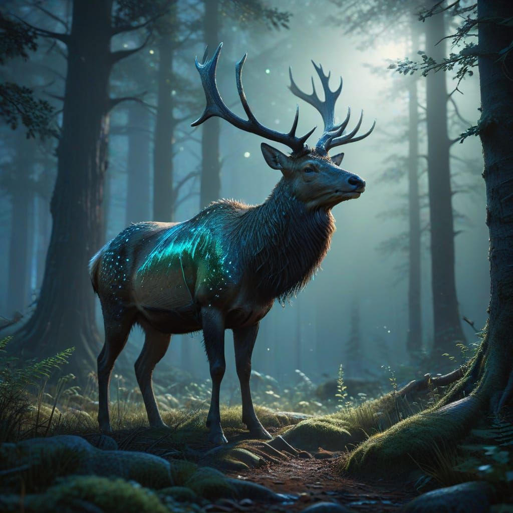 Majestic Elk in a Misty, Moonlit Forest
