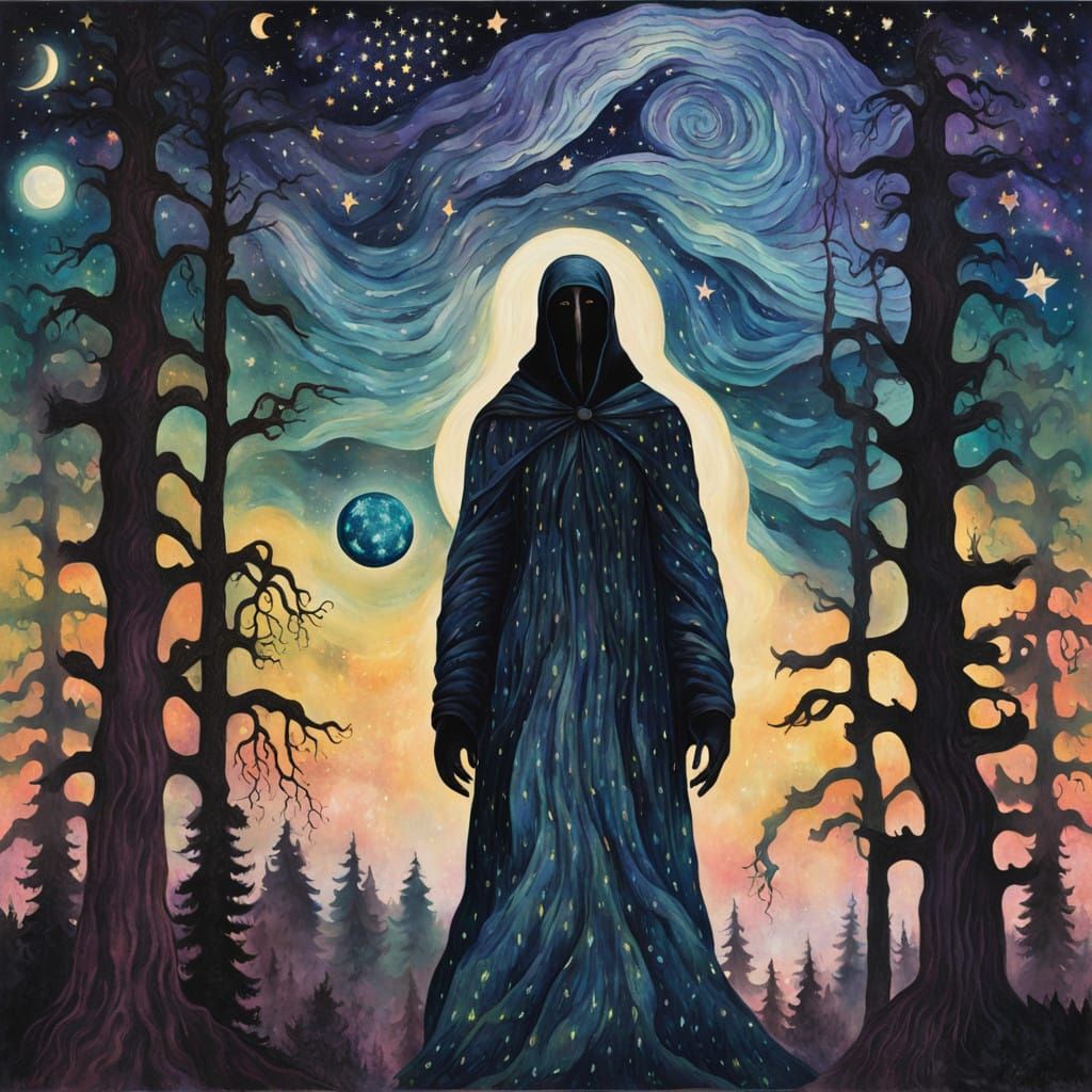 Ethereal Woodland Encounter in Waxy Watercolor