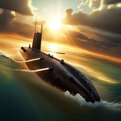 Cyberpunk-Style Submarine in Deep Sea Sunlight