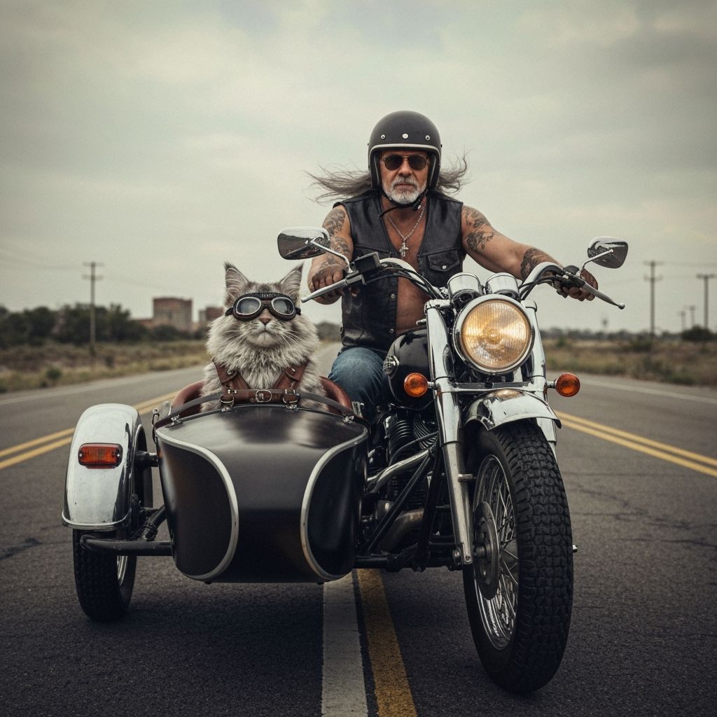 Biker and Cat Ride Through Wasteland in Cinematic Photo