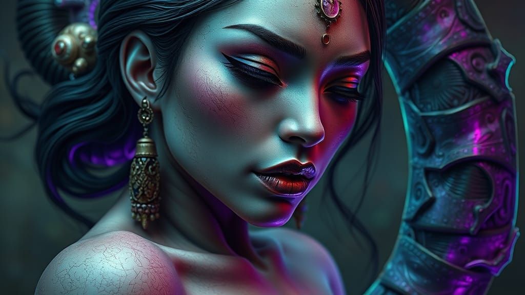 Glowing Assamese Goddess Emerges from Cyberpunk Labyrinth