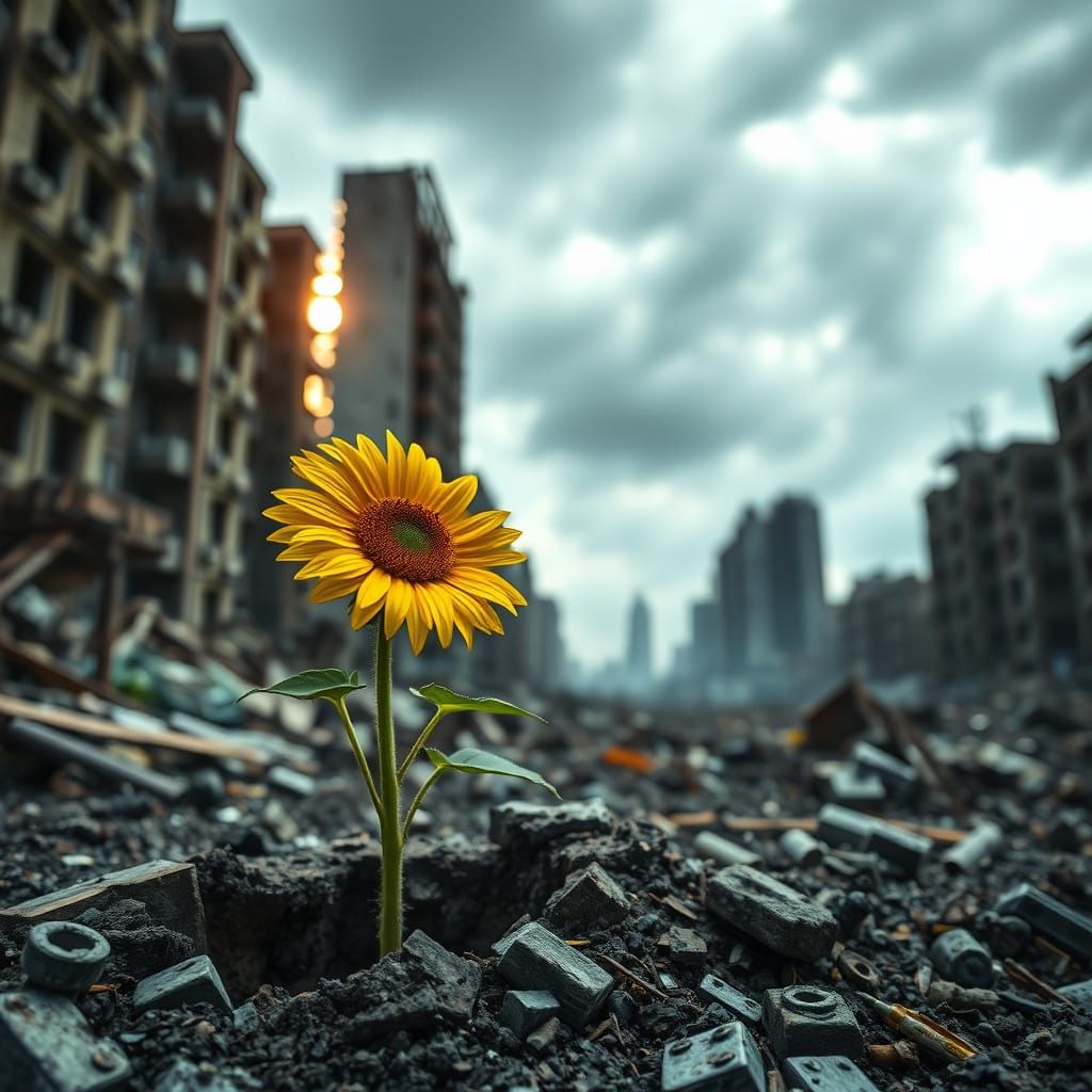 Resilient Sunflower Sprouts in Post-Apocalyptic Cityscape