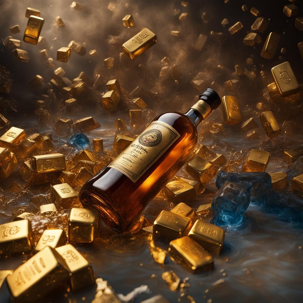 Hyperrealistic Bottles and Gold in Dramatic Splash Art