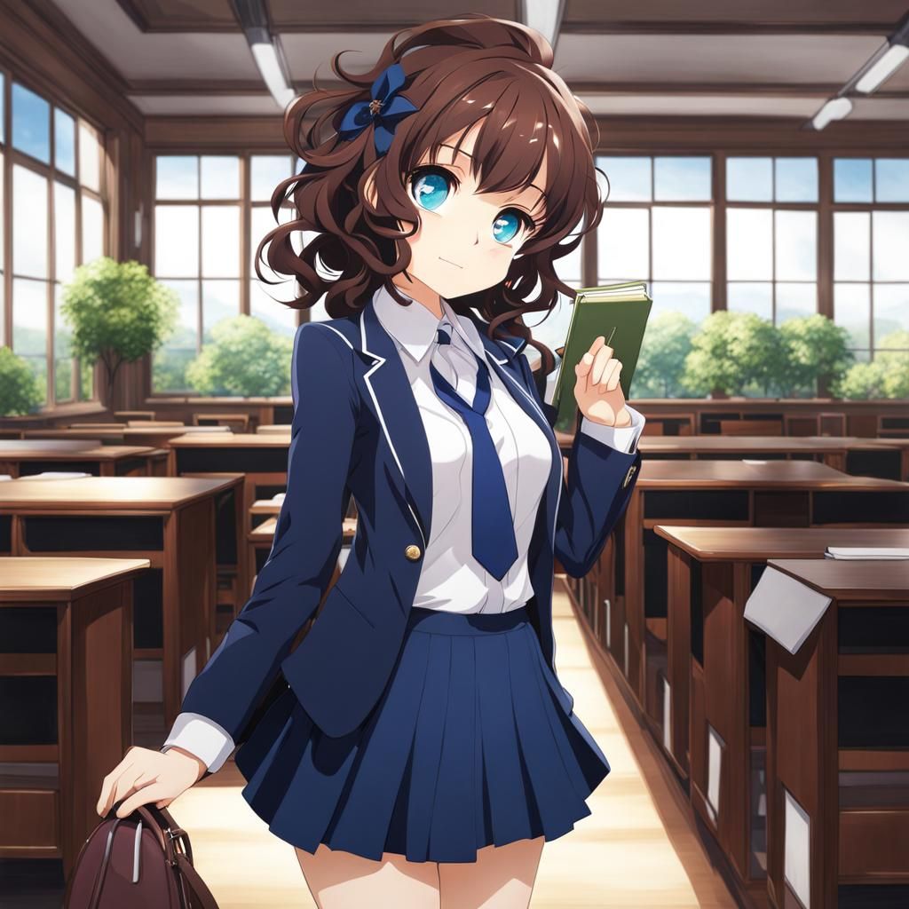 Anime Schoolgirl with Curly Hair and Blue Eyes