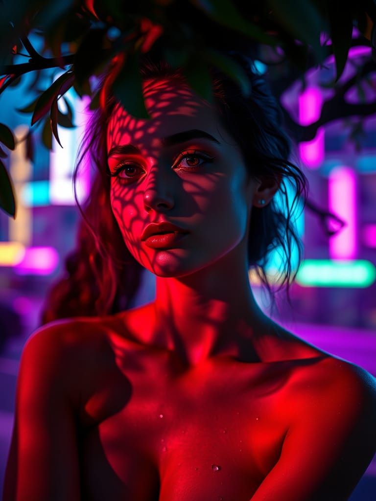 Ethereal Woman Under a Neon Tree