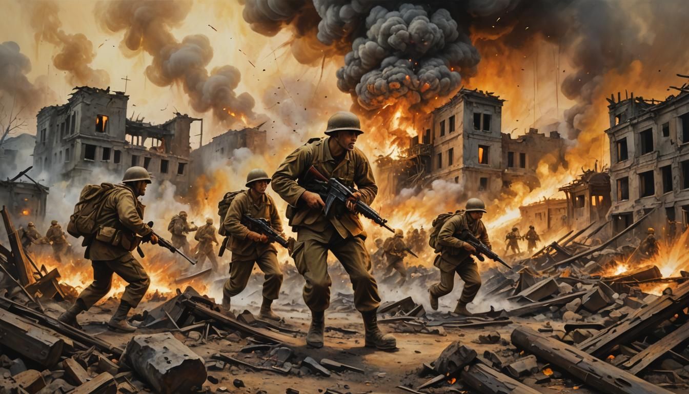 WWII Battlefield Action Painting with Explosions
