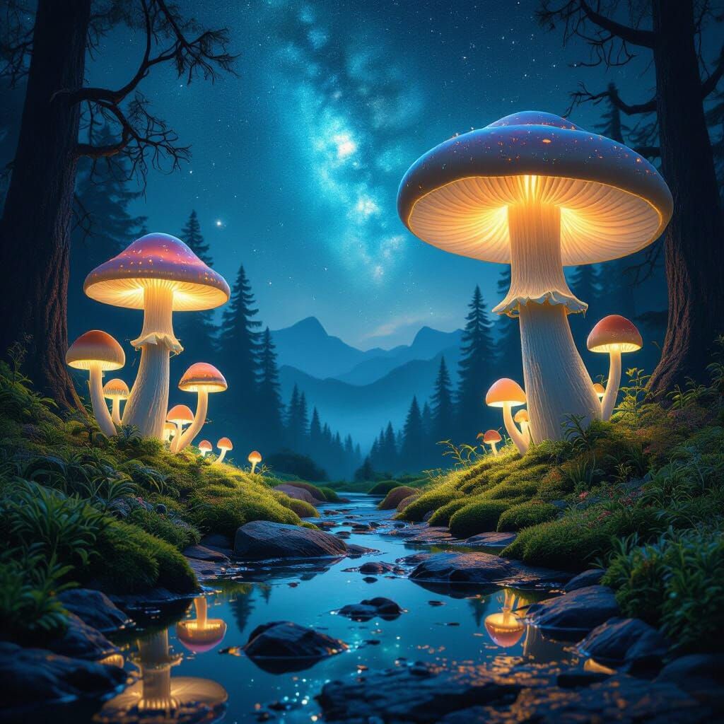 Magical Bioluminescent Mushrooms in Dark Forest at Night