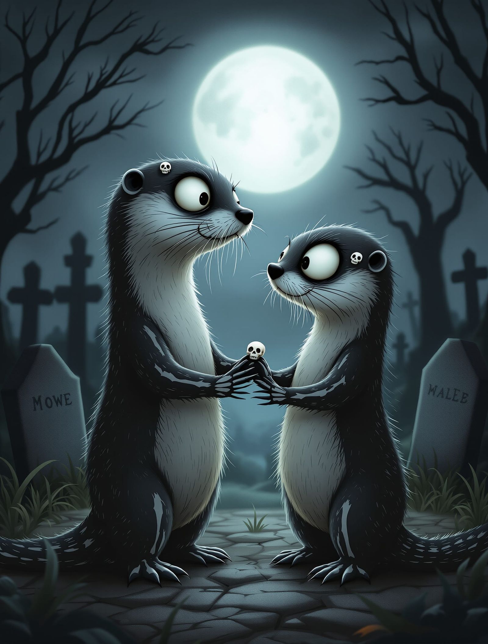 Spooky Otter Couple in Moonlit Graveyard