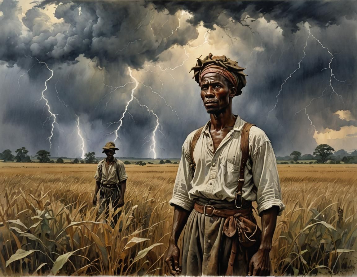 African Peasant Portrait in Thunderstorm, Fine Art Watercolo...