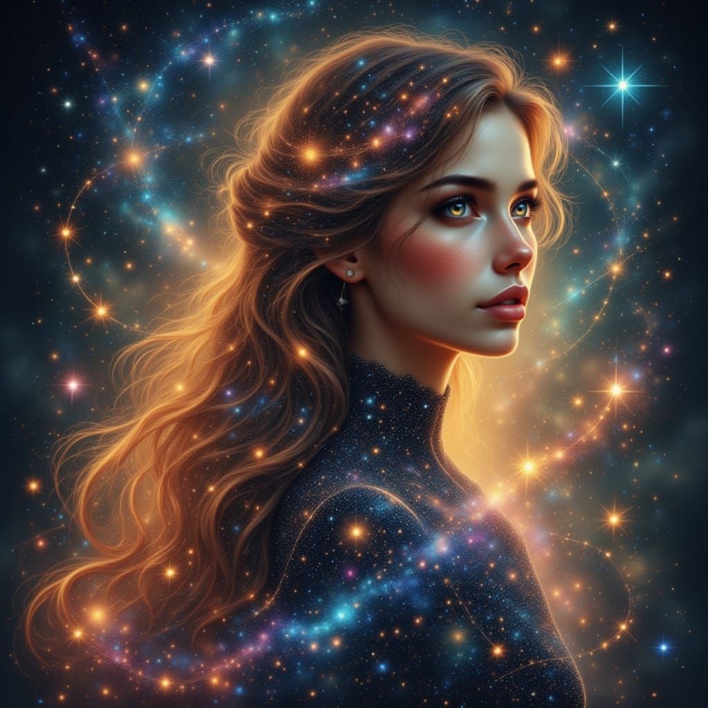 Cosmic Star Hair Portrait with Musical Score