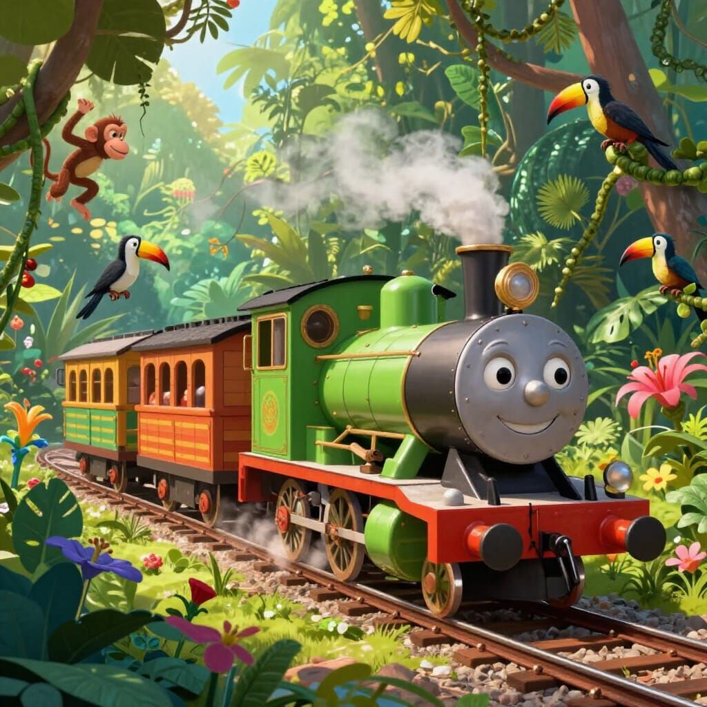 Whimsical Jungle Train Adventure in Animated Style