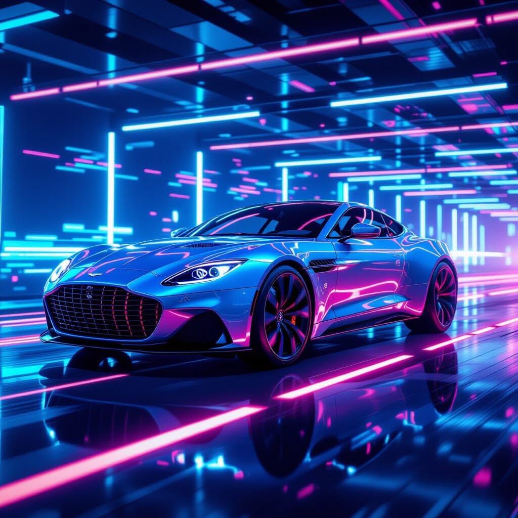 Luxury Car Surrounded by Lasers in Futuristic Style