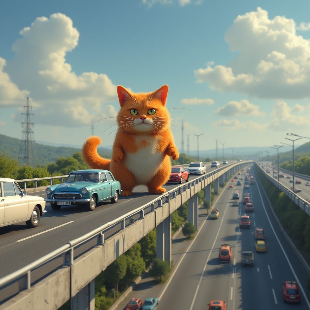 Un GRAND chat roux GEANT en 3D allongé sur un pont au dessus d'une autoroute avec de nombreuses voitures qui circulent, ...
