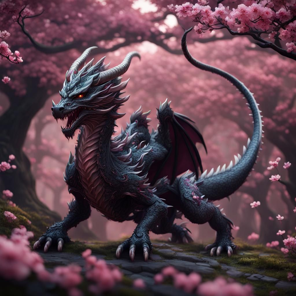 Black Cherry Blossom Dragon Hellhound in Detailed Painting