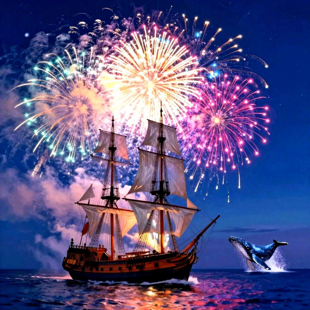 Fireworks Over Frigate With Whale At Sea