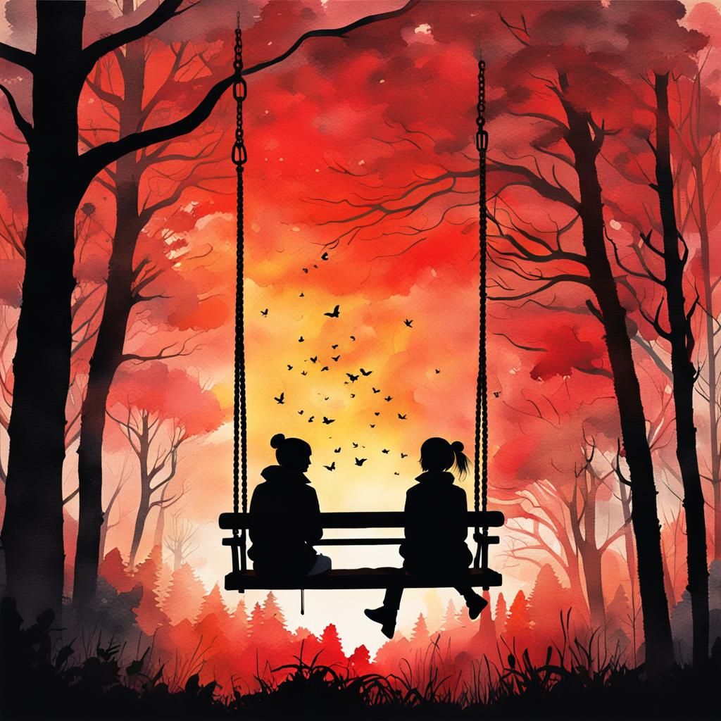 Women on a Swing at Sunset: Watercolor Art