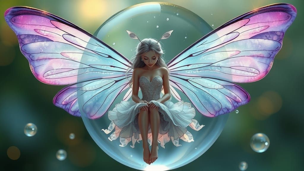 Luminescent Fairy in Raindrop, Dreamlike Scene