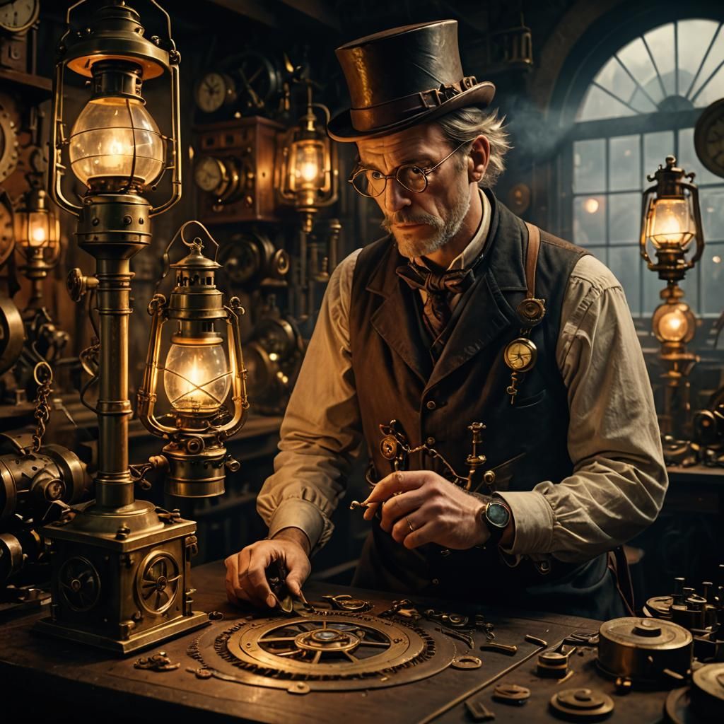 Steampunk Inventor in Foggy Workshop