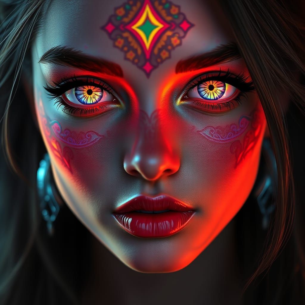 Woman with Vibrant Eyes in Dramatic Lighting