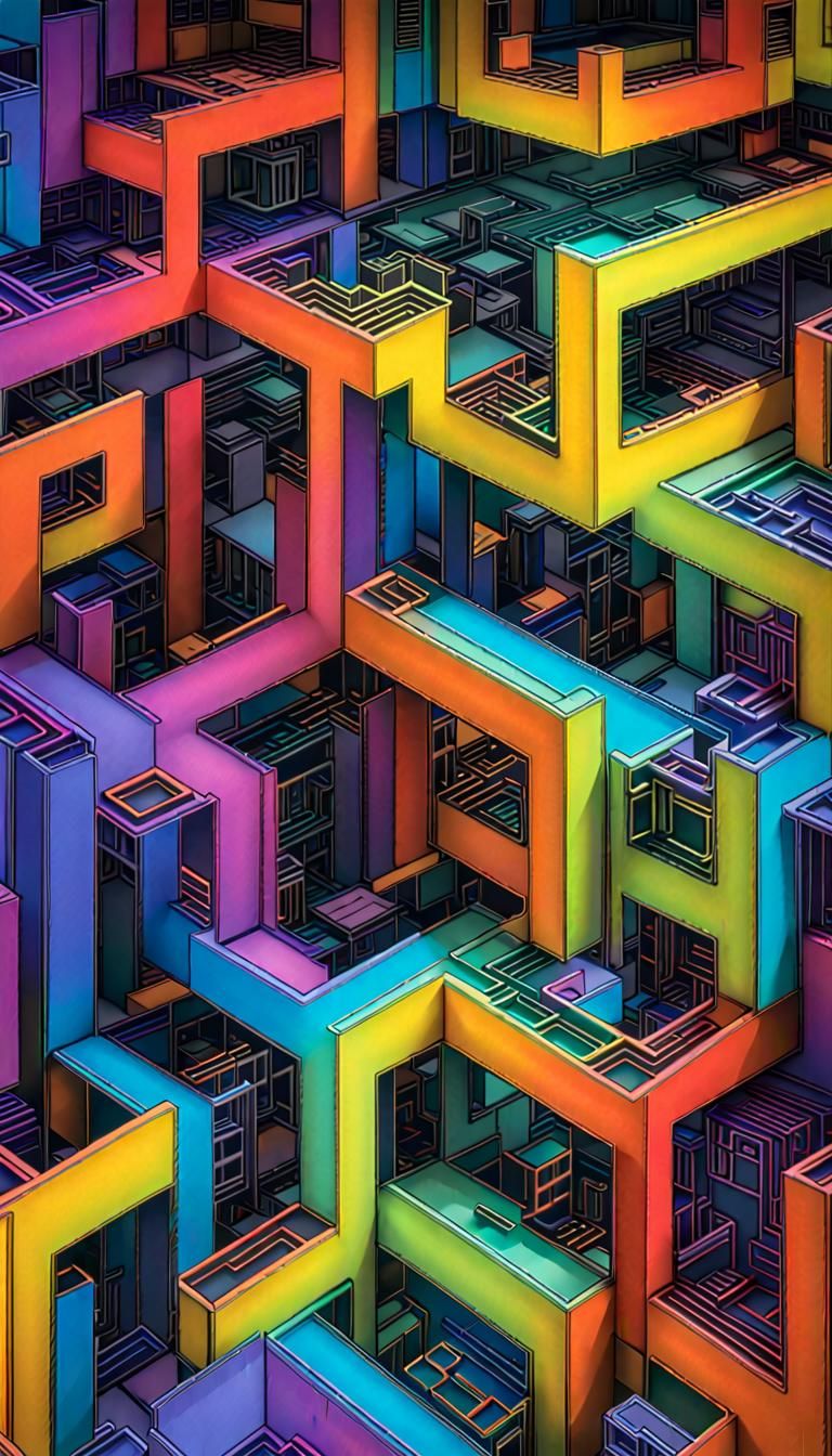 Glowing Iridescent Maze in Fractal Art Deco Style