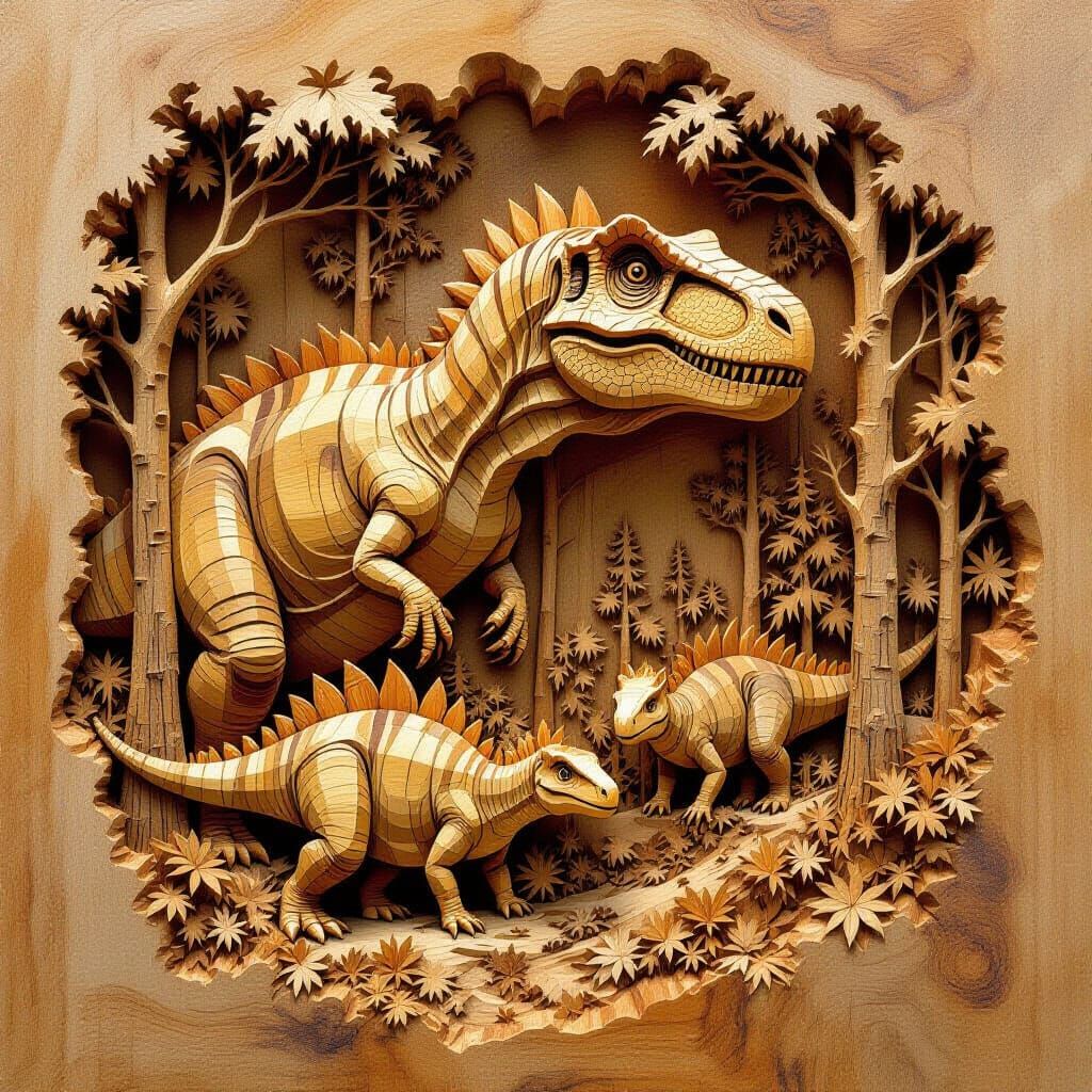 Dinosaurs Carved in Wood in Natural Art Style