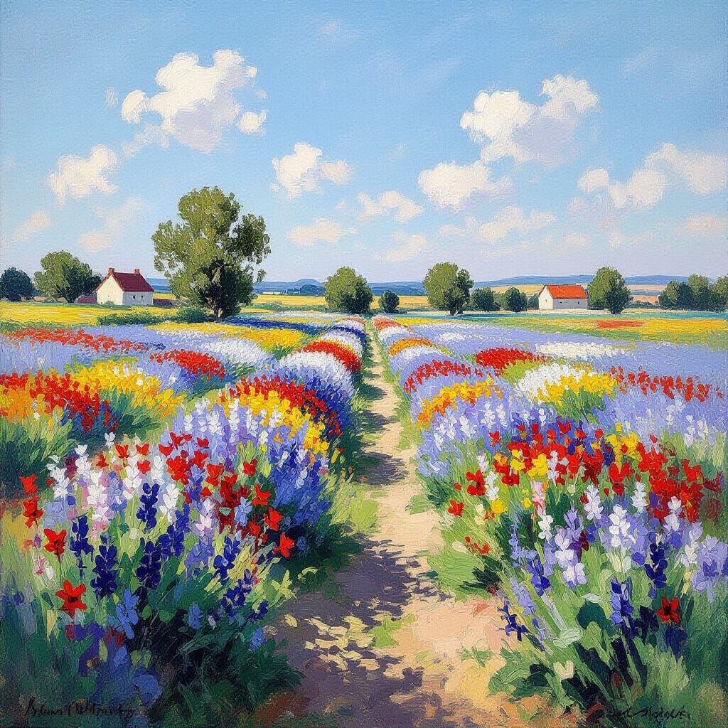Lupine Field Under Blue Sky as Impressionist Painting