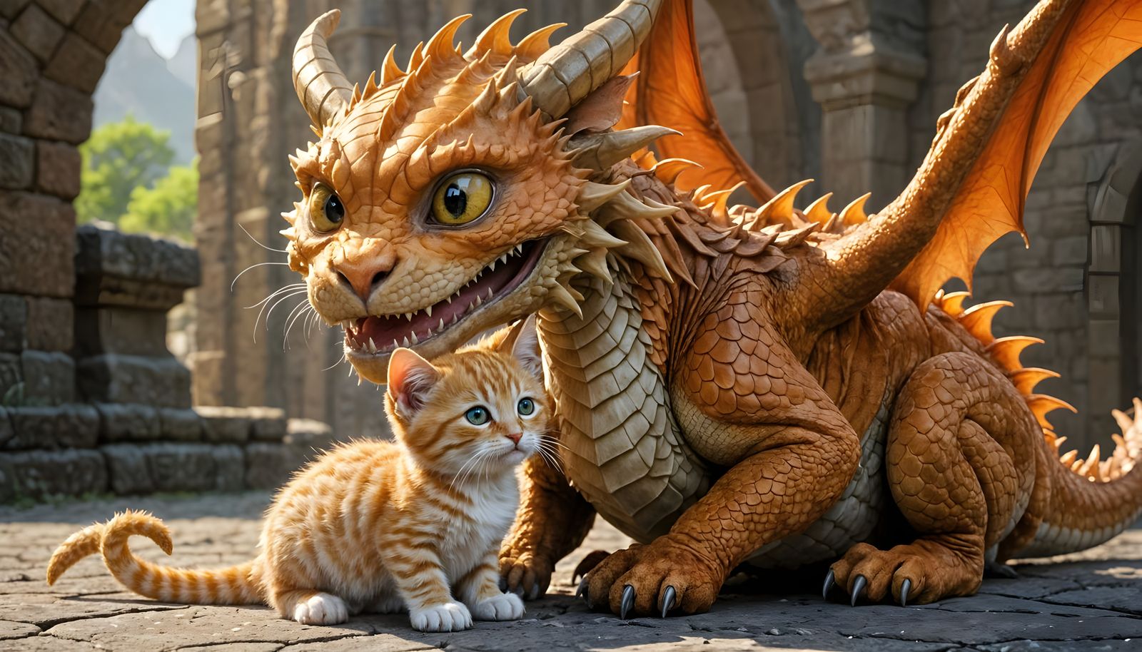 Dragon Guardian Protecting Kitten in Golden Light
