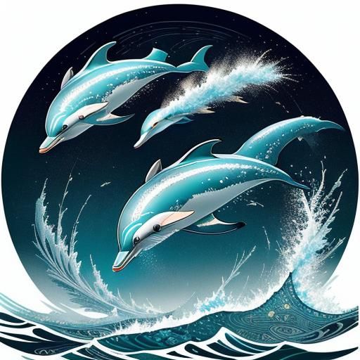 Graceful Dolphins in Ukiyo-e Style Illustration