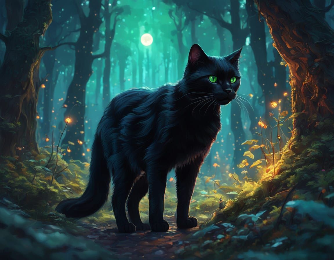 Ethereal Black Cat Prowls Moonlit Forest