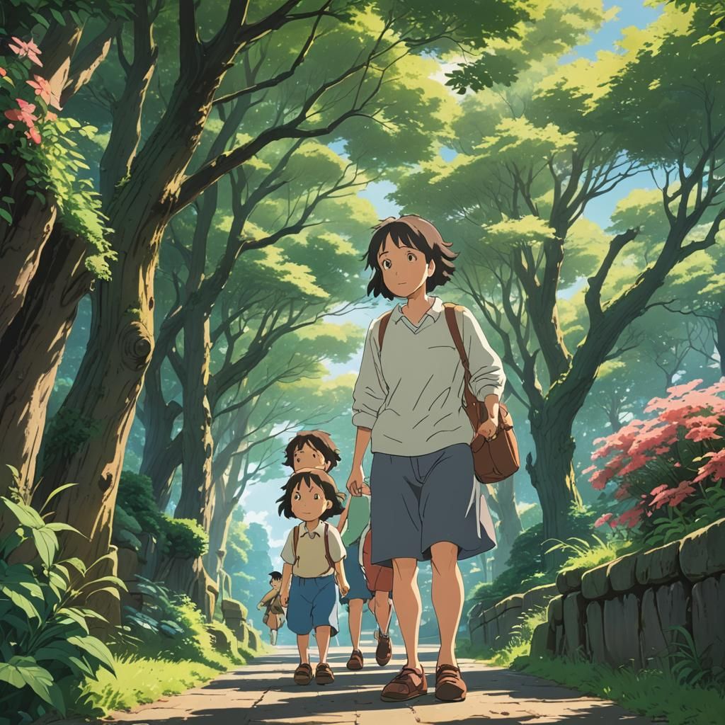 Anime Kids and Mom in Studio Ghibli Style