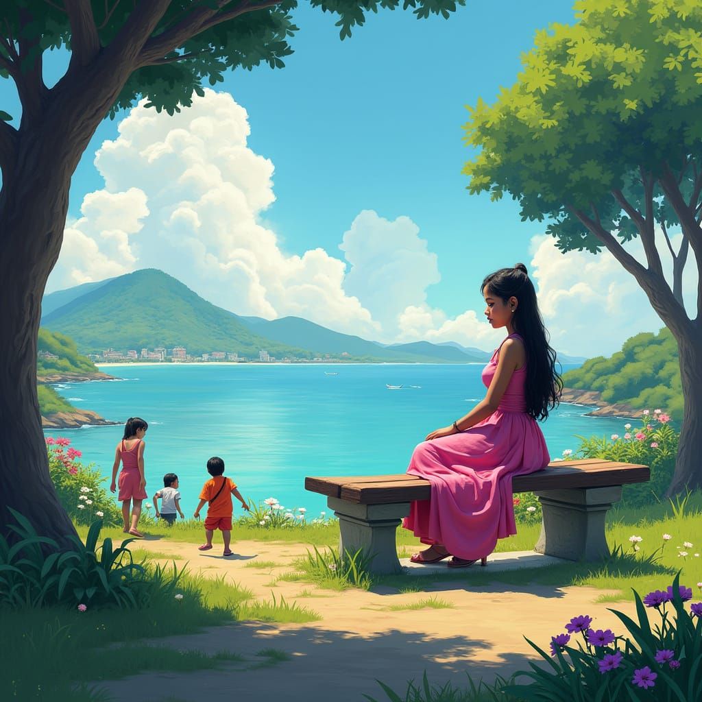 Indian Girl in Lush Park, Fantasy Concept Art
