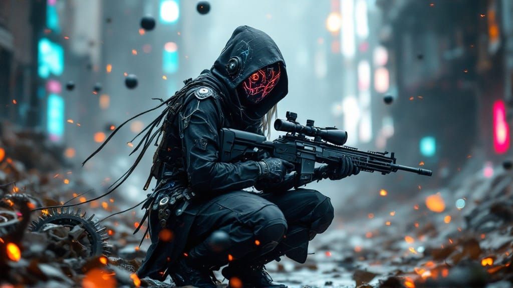 Cyberpunk Hunter Girl in Futuristic Landscape