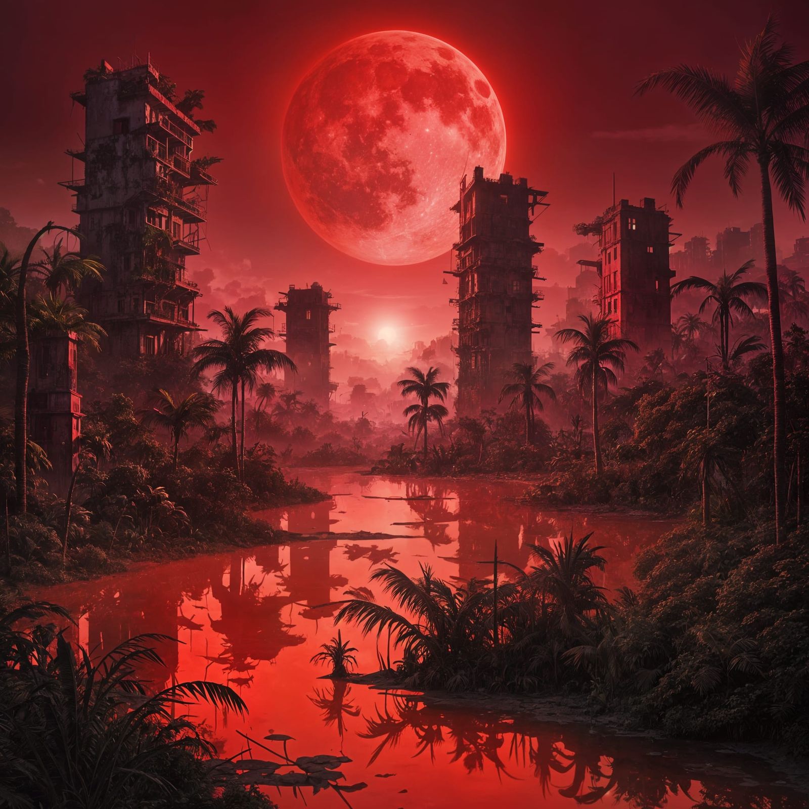 Overgrown Ruined City Bathed in Red Moonlight