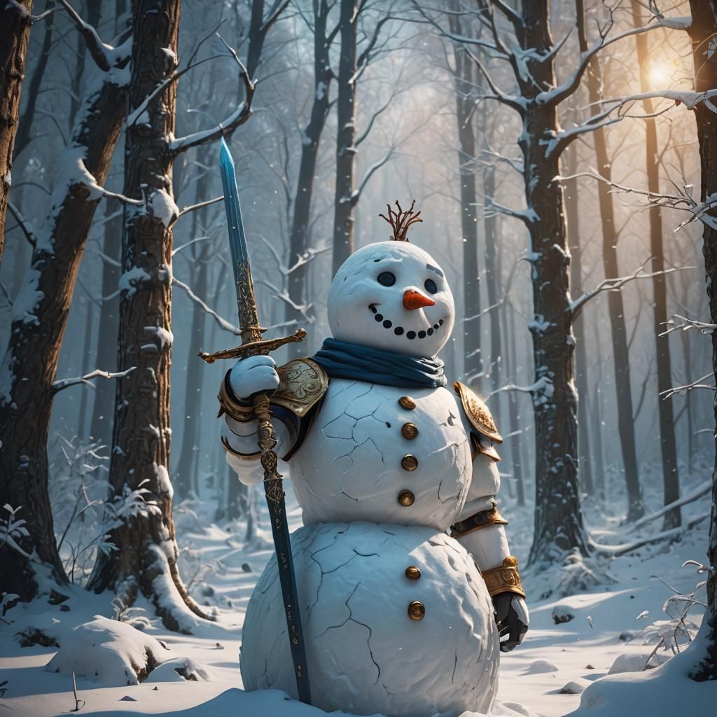 Furious Snowman Warrior in Snowy Forest: Fantasy Art