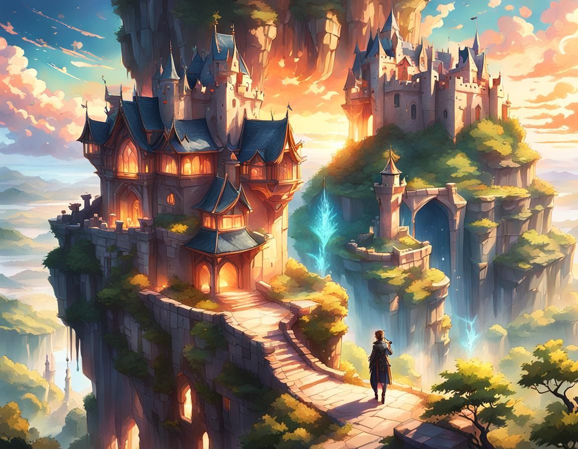 Anime Teenager Gazing at Sky Castle in Sunset