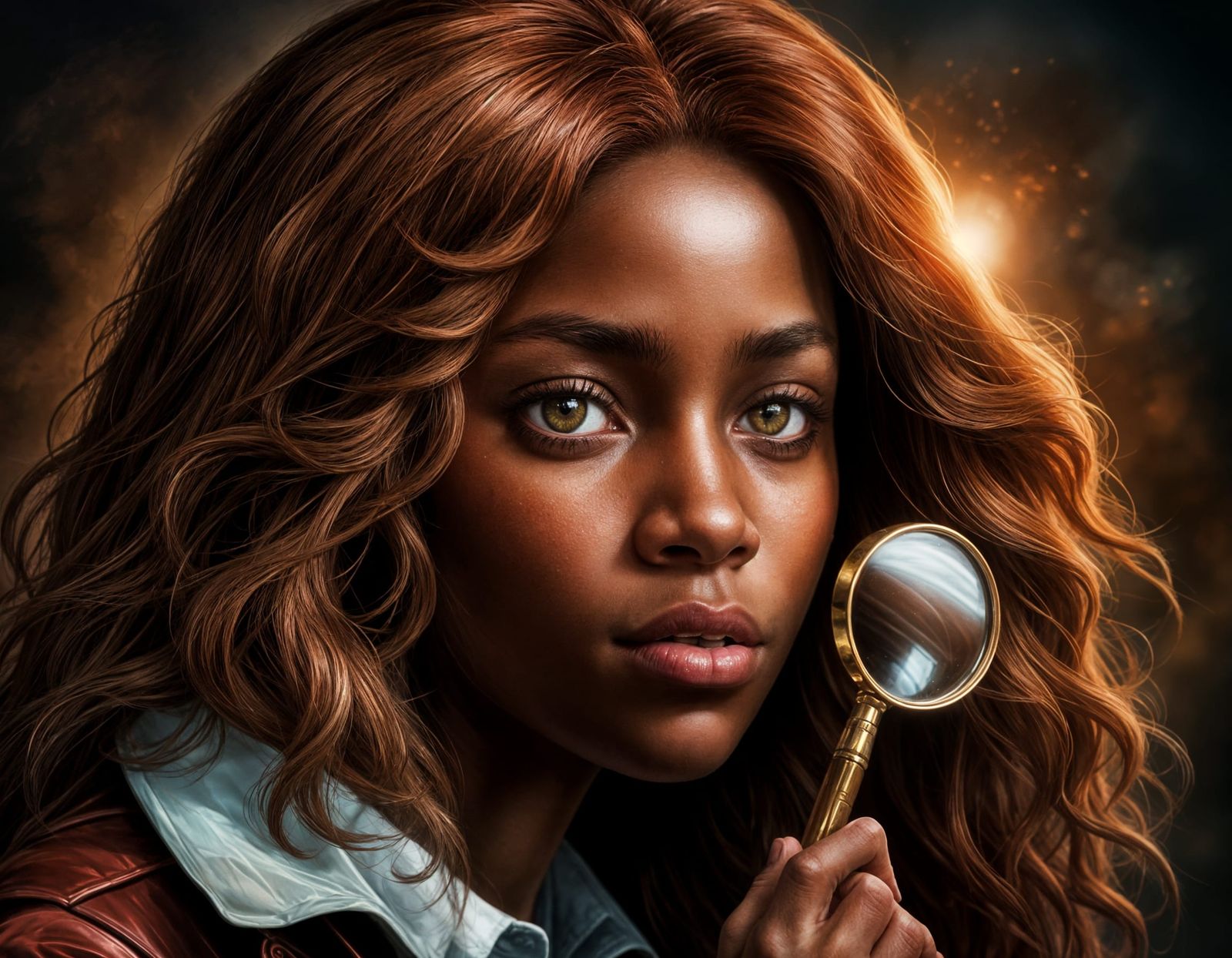 Hyperrealistic Nancy Drew Portrait with Magnifying Glass