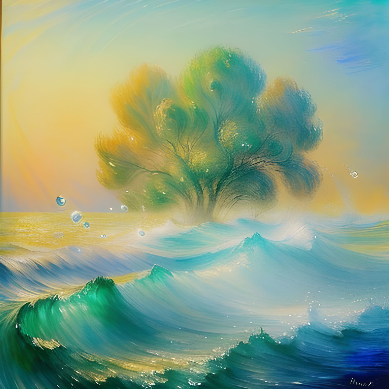 Watercolor Tree Roots in Ocean, Impressionistic Style