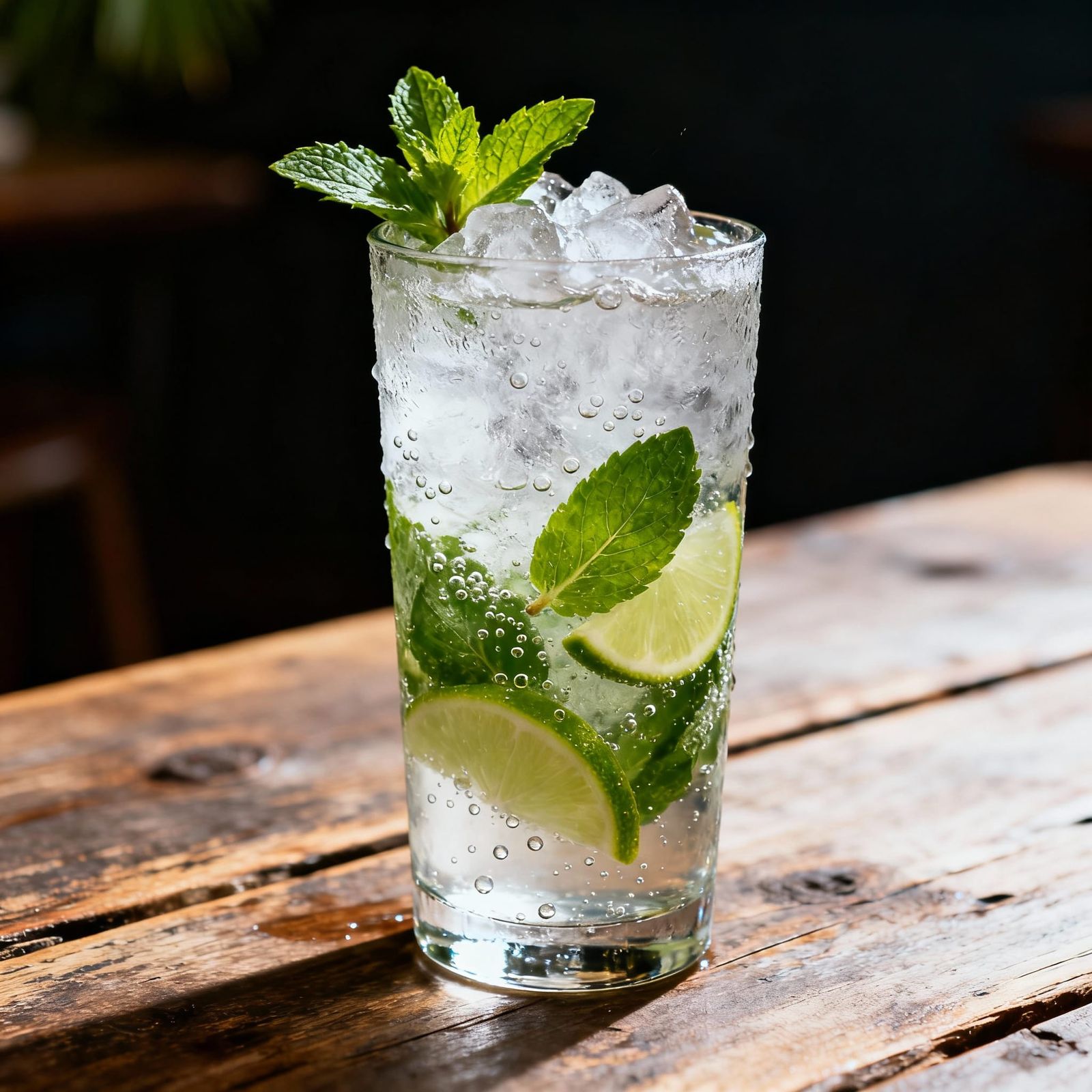 Frosty Highball Glass with Mint & Lime on Wood Table