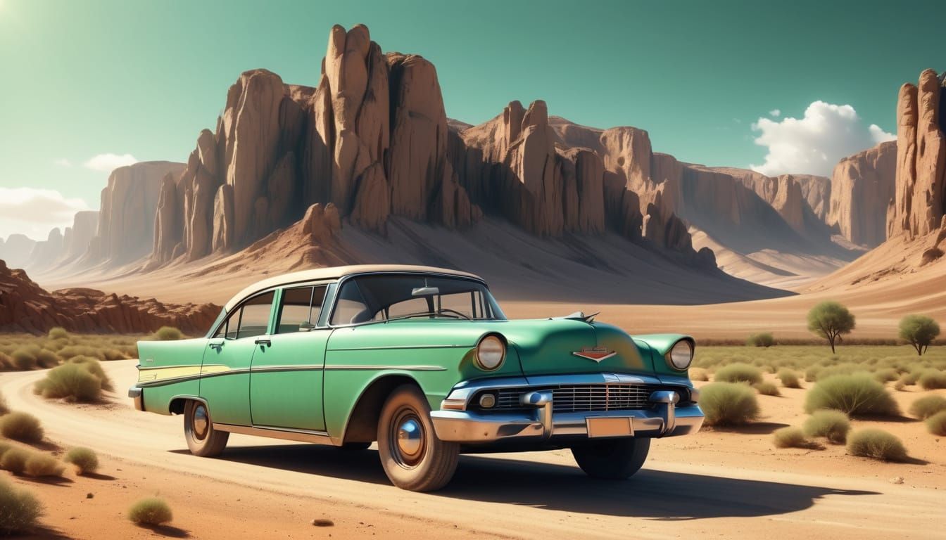 Vintage Green American Roadster on Desert Highway