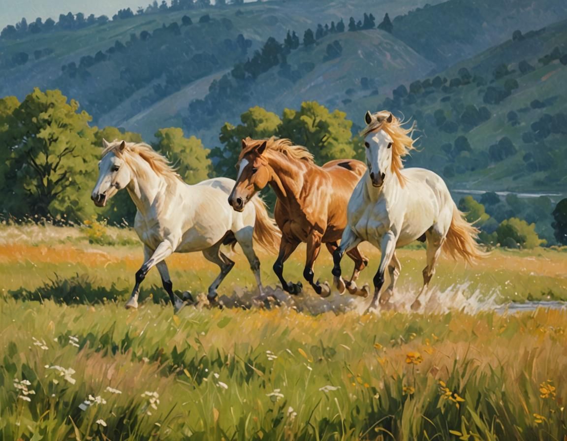 Impressionist Landscape of Two Horses in a Rolling Meadow