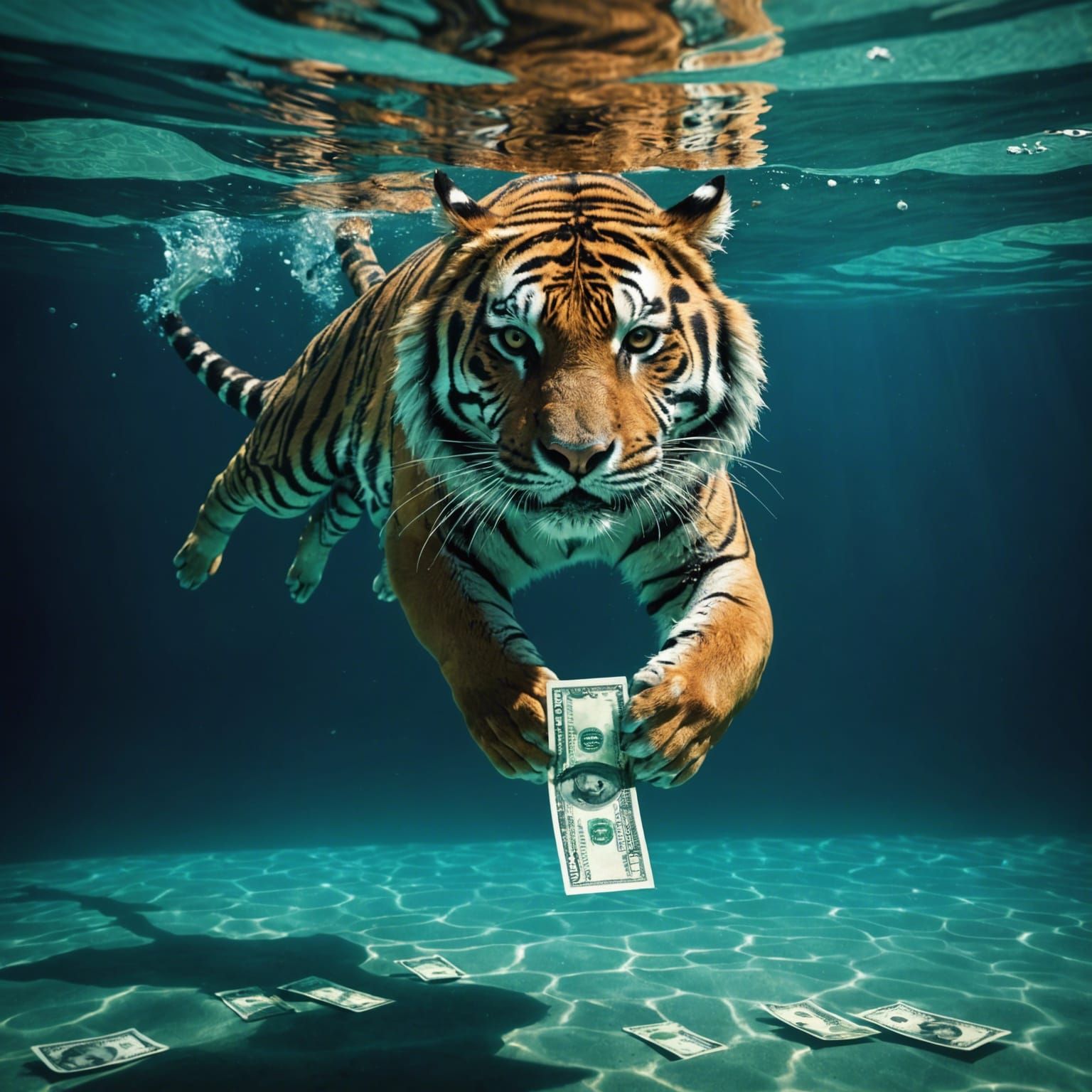 Tiger Swimmer Dives with Dollar, 3D Digital Art