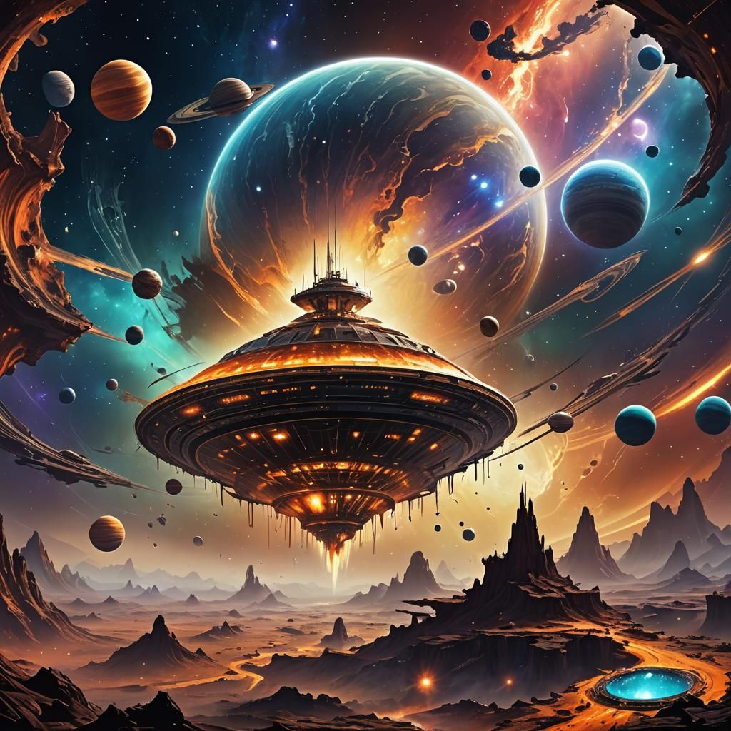 Alien Mothership Orbiting Gas Giant in Cosmic Storm