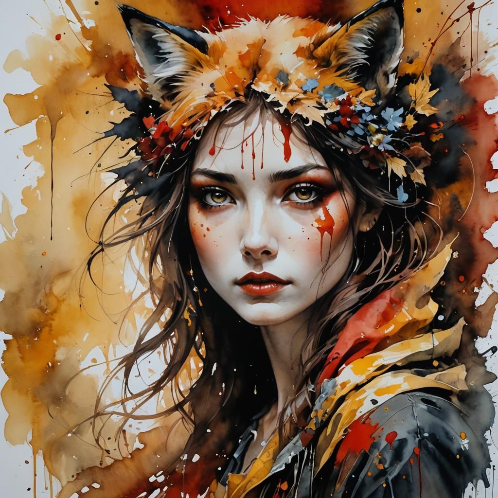 Fox Portrait in Watercolor Floral Landscape