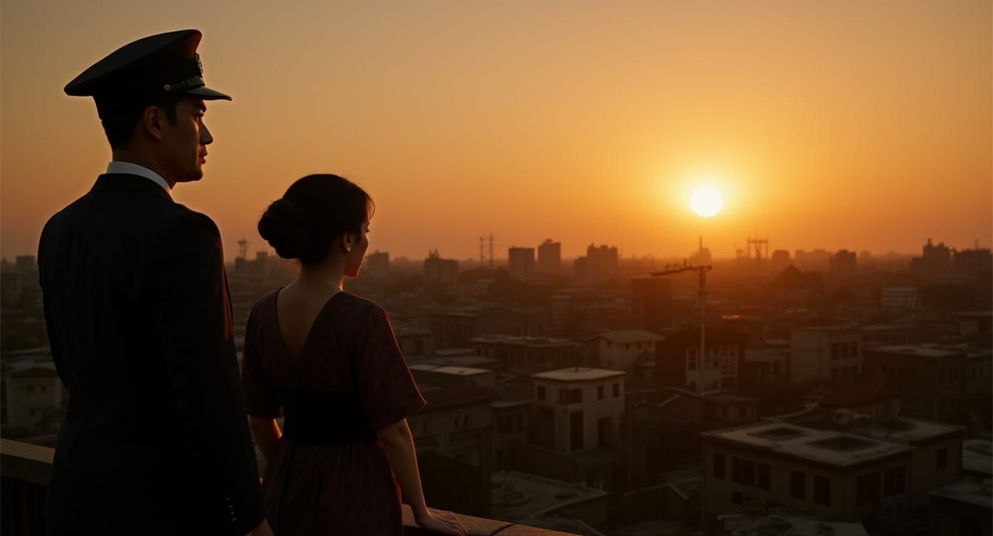Post-War Japanese Couple Watching Sunset: Cinematic Film Sti...
