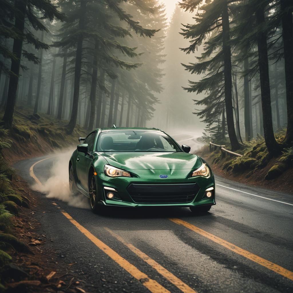 Forest Green Subaru BRZ on Misty Mountain Road