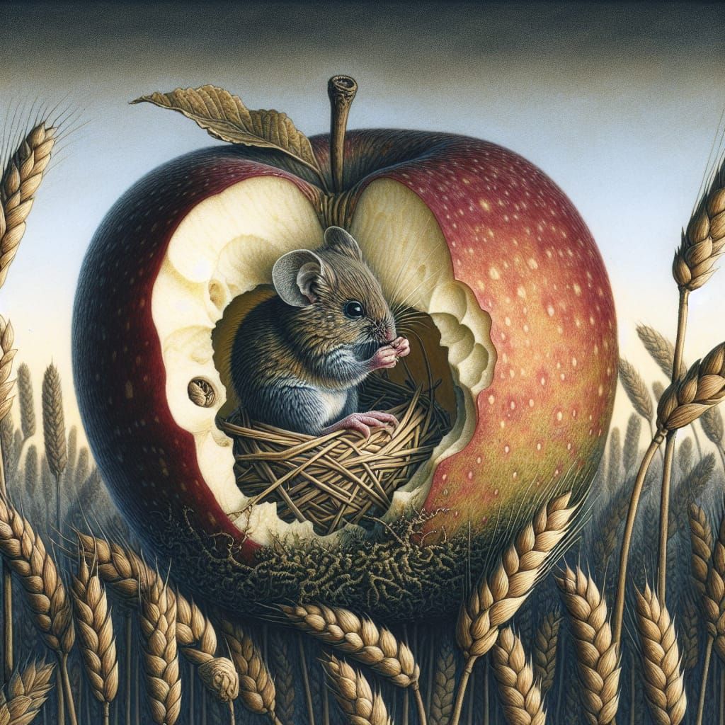 Field Mouse Constructs Delicate Apple Nest in Golden Wheat