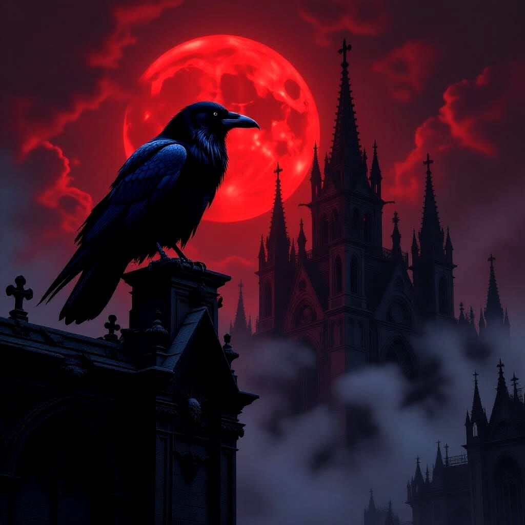 Spectral Raven Perched on Gothic Cathedral