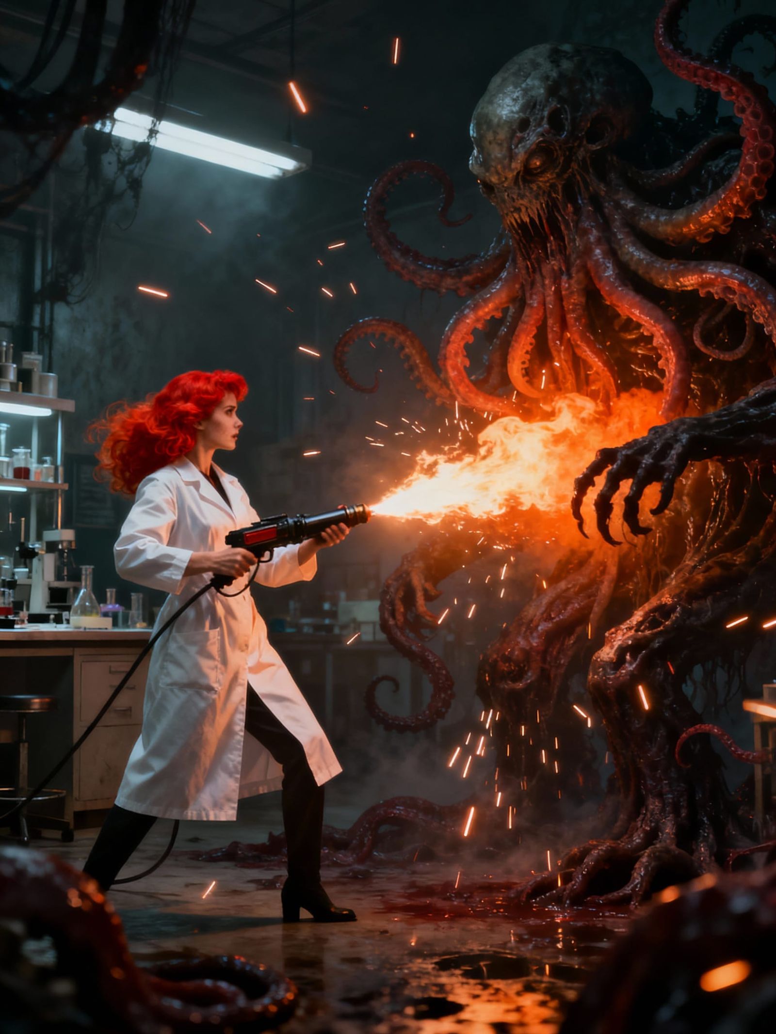 Scientist Battles Lovecraftian Horror with Flamethrower